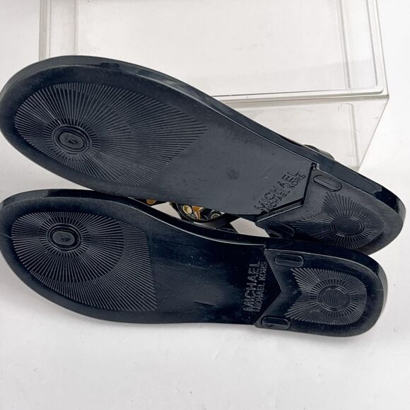 Michael Kors Sandals Womens 7 Black Gold Cork Jelly Thong Flip Flop Logo Slides - Picture 5 of 10